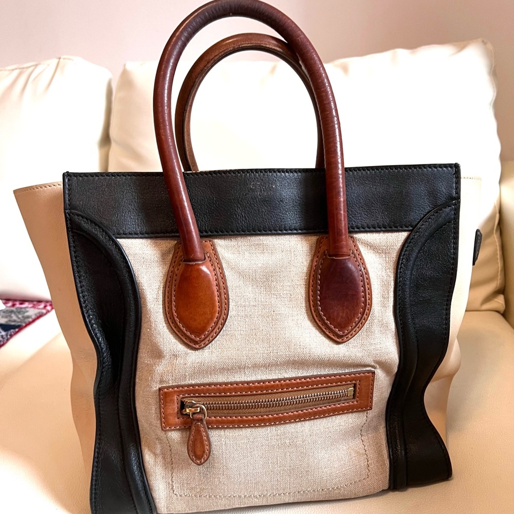 Celine luggage canvas black leather trim brown tote bag